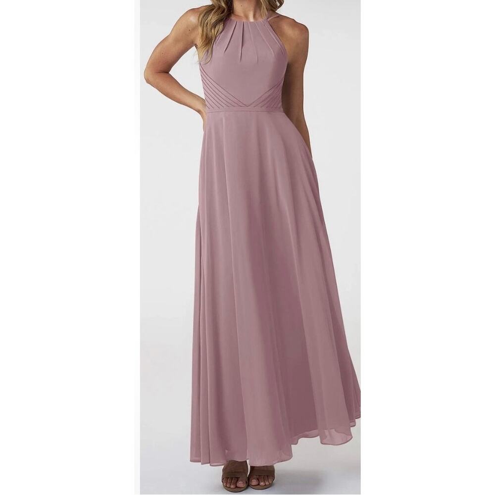 Azazie Melinda A Line Pleated Chiffon Floor Length Dress Dusty Rose Size A4